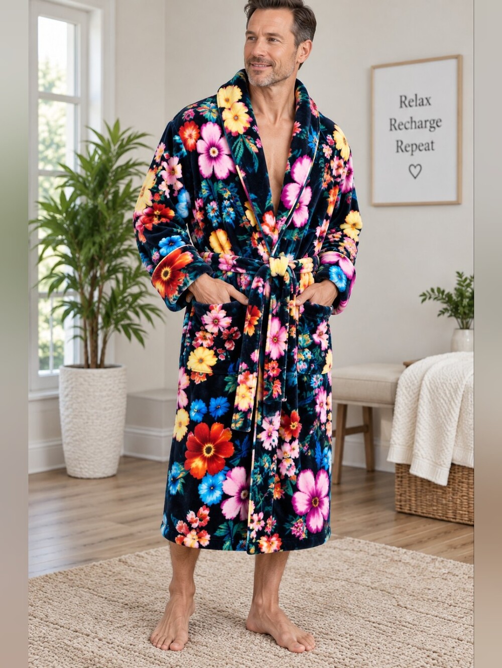 Rare Saint Lorenzo XL Plush Floral Robe Luxury Fleece Bathrobe Belted 46"